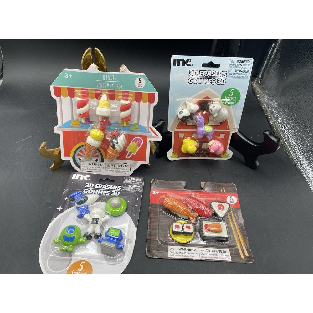 4 Packs INC 3D Erasers Gommes SHUSH, ICE CREAM, SPACE, &￼FARM ANIMALS NEW